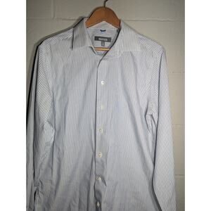 Kenneth Cole Reaction Mens Blue Striped Slim Fit Button Down Shirt Sz L Non Iron